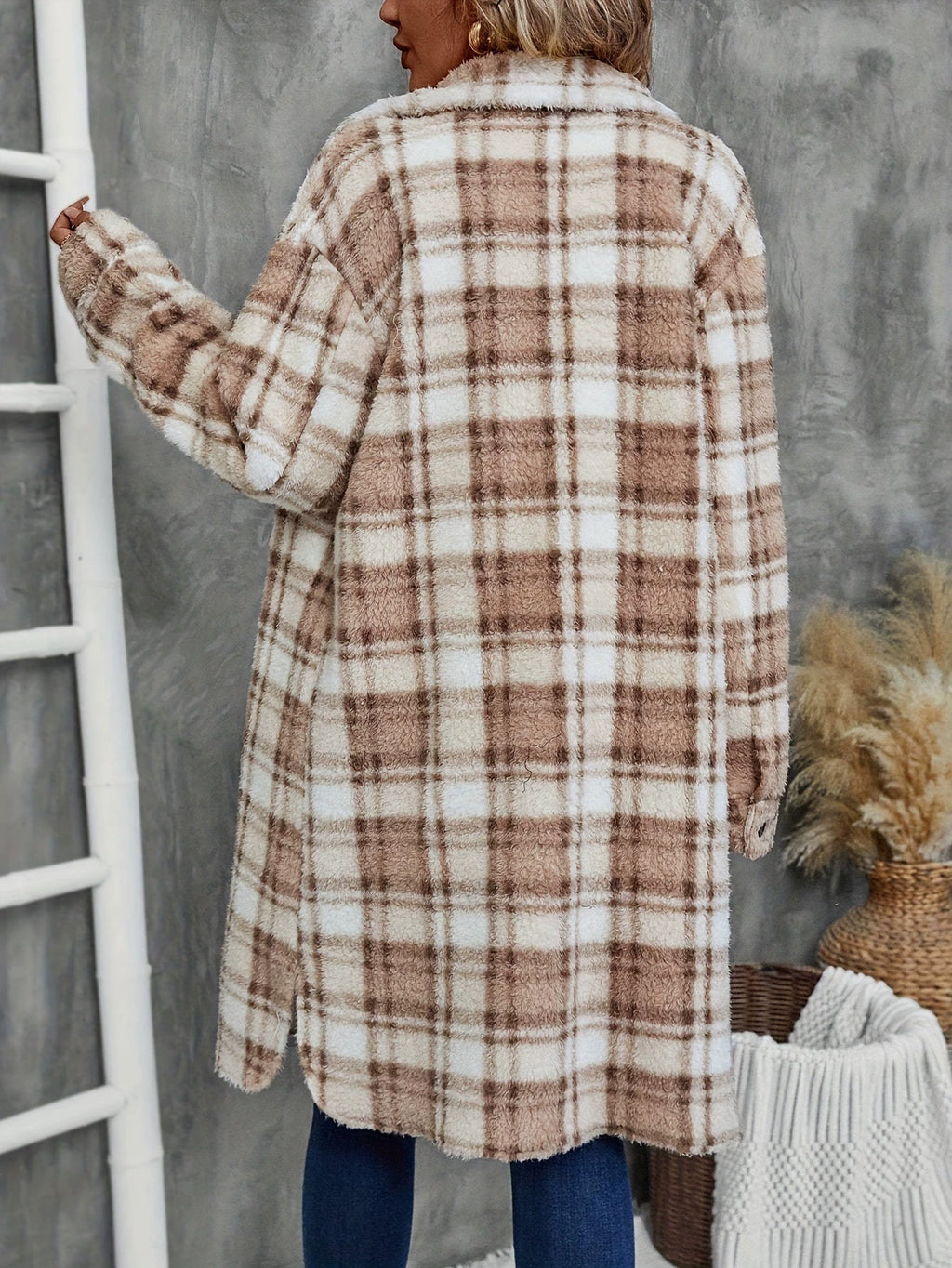Women's Printed Plaid Long Double-sided Plush Patch Pocket Button Coat Viral Finds Hub