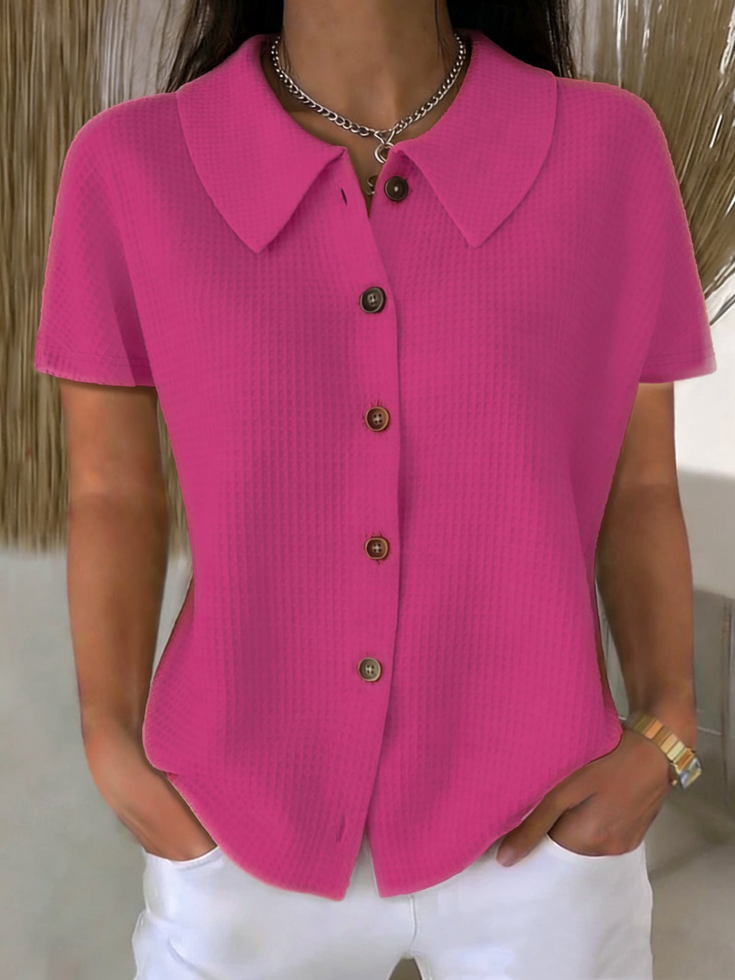 Turn-Down Collar Waffle Weave Solid Color Casual Loose Fit Short Sleeve Shirt - Women's Cotton Blend Lightweight Summer Top For Daily Wear Viral Finds Hub