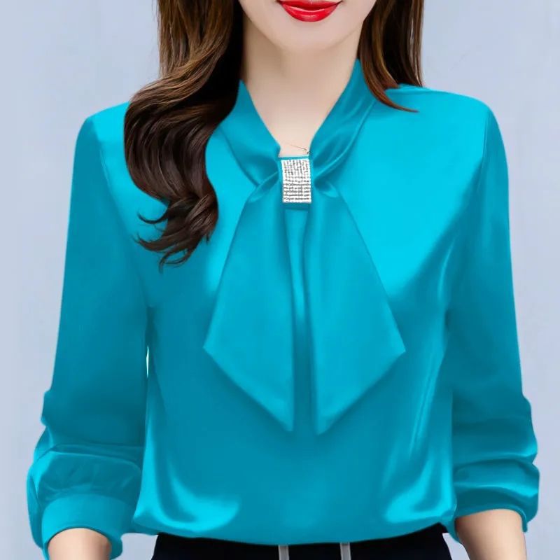 Satin V-Neck Business Temperament Shirt Long Sleeve Bow Solid Color Bow Diamond Top Viral Finds Hub