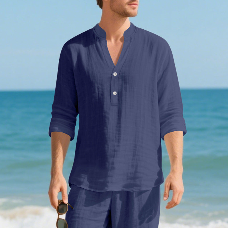 Autumn Linen Men's Long-Sleeve T-Shirt With Stand Collar And Buttons Viral Finds Hub