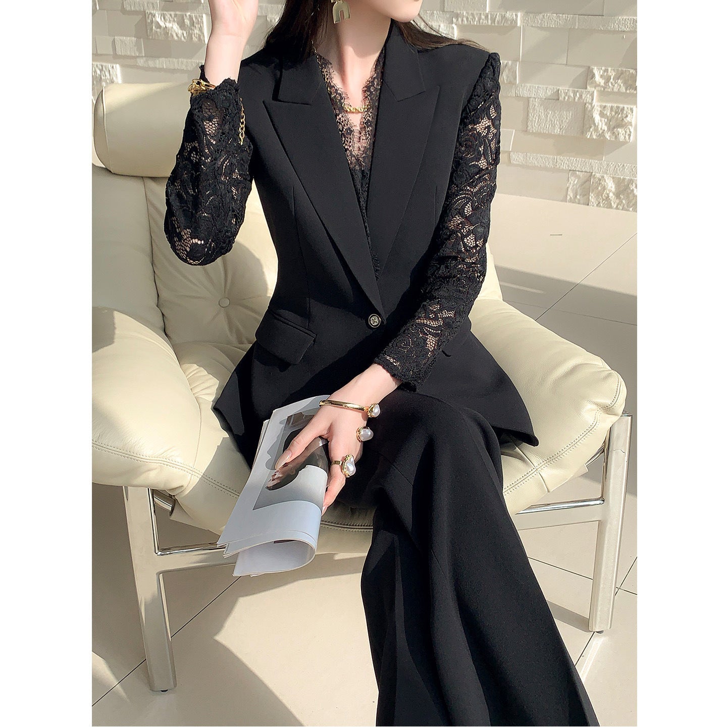 One Button Lace Panelled Blazer And Trousers Two Piece Set Viral Finds Hub