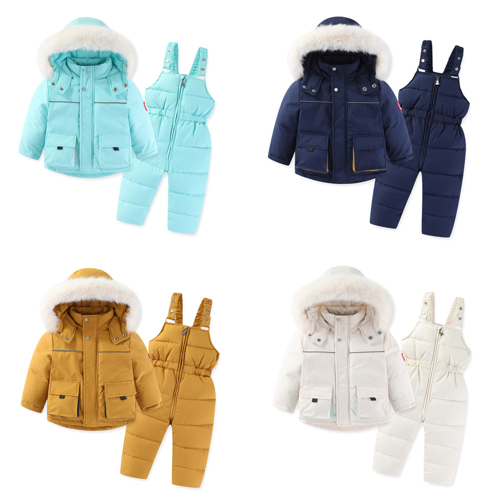 Windproof Waterproof Boys And Girls Big Fur Collar Ski Cotton-padded Overalls Suit Viral Finds Hub