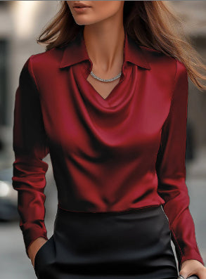 Women's Swing Collar Draped Shirts & Blouses Elegant Solid Satin Office Ladies Top Pullover Spring Long Sleeve Casual Tops Viral Finds Hub