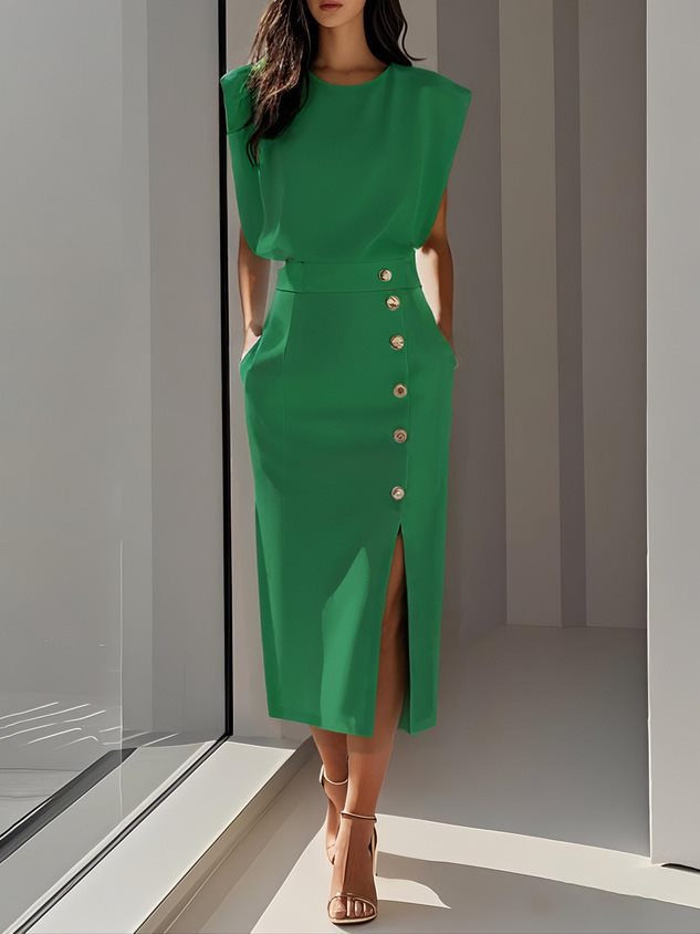 Women's Summer Split Dress With Buttons Casual Sleeveless Midi Dress Clothing Viral Finds Hub