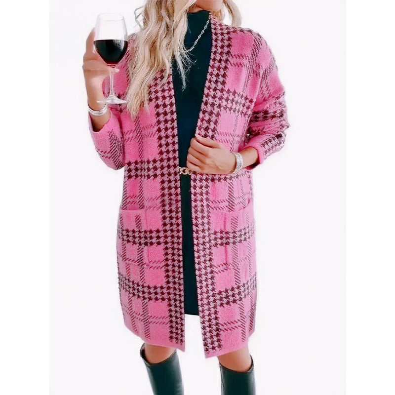 Women's Houndstooth Knitted Long Knitted Jacket Viral Finds Hub