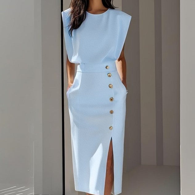 Women's Summer Split Dress With Buttons Casual Sleeveless Midi Dress Clothing Viral Finds Hub