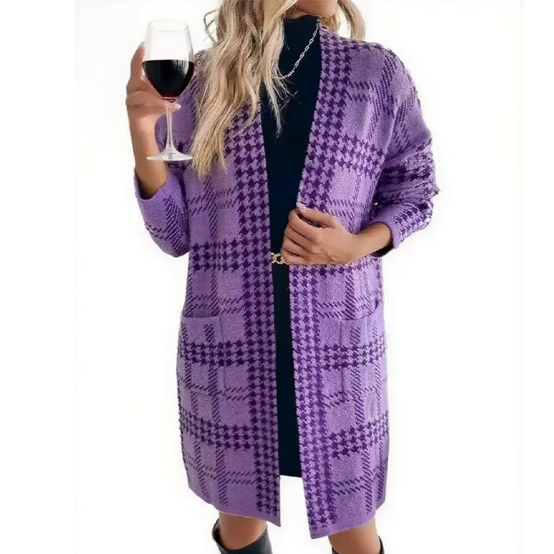 Women's Houndstooth Knitted Long Knitted Jacket Viral Finds Hub