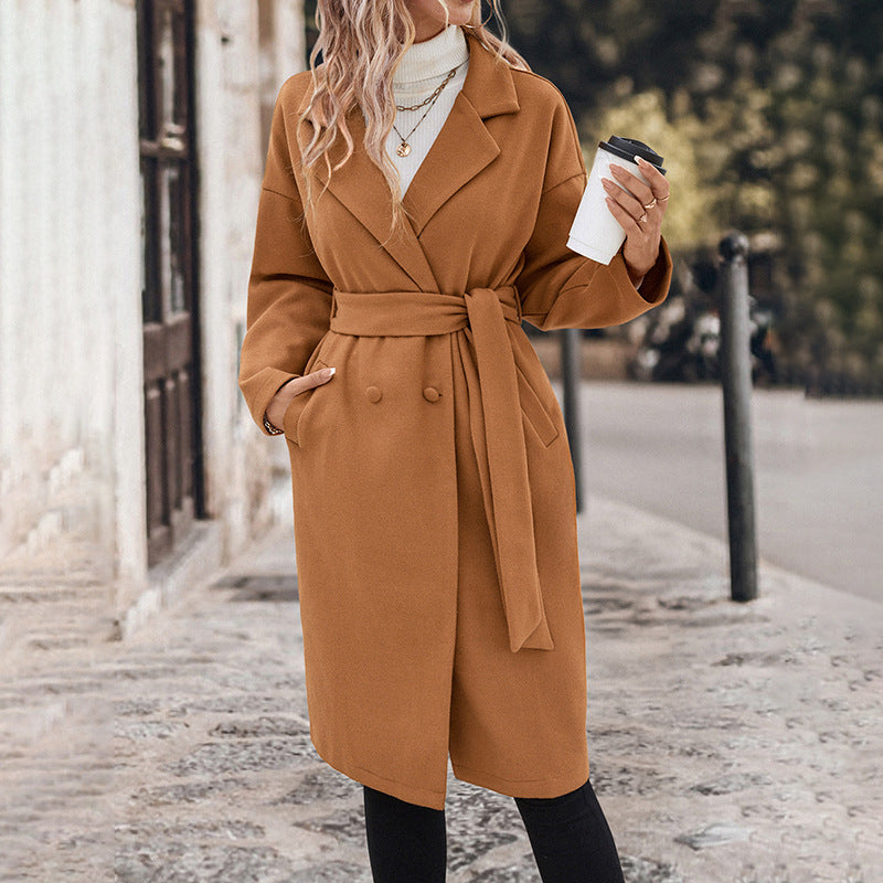 Women's Lace-up Extended Solid Color Woolen Coat Viral Finds Hub