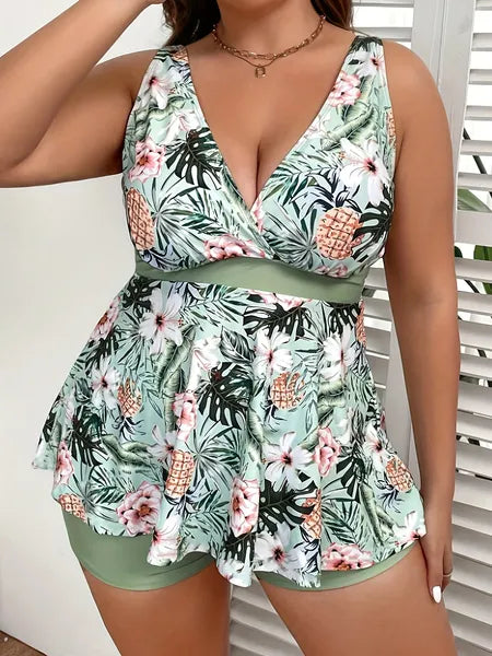 Large Size Women's Swimsuit, Green, Fresh And Fashionable Split Type Tankini Swimsuit Viral Finds Hub
