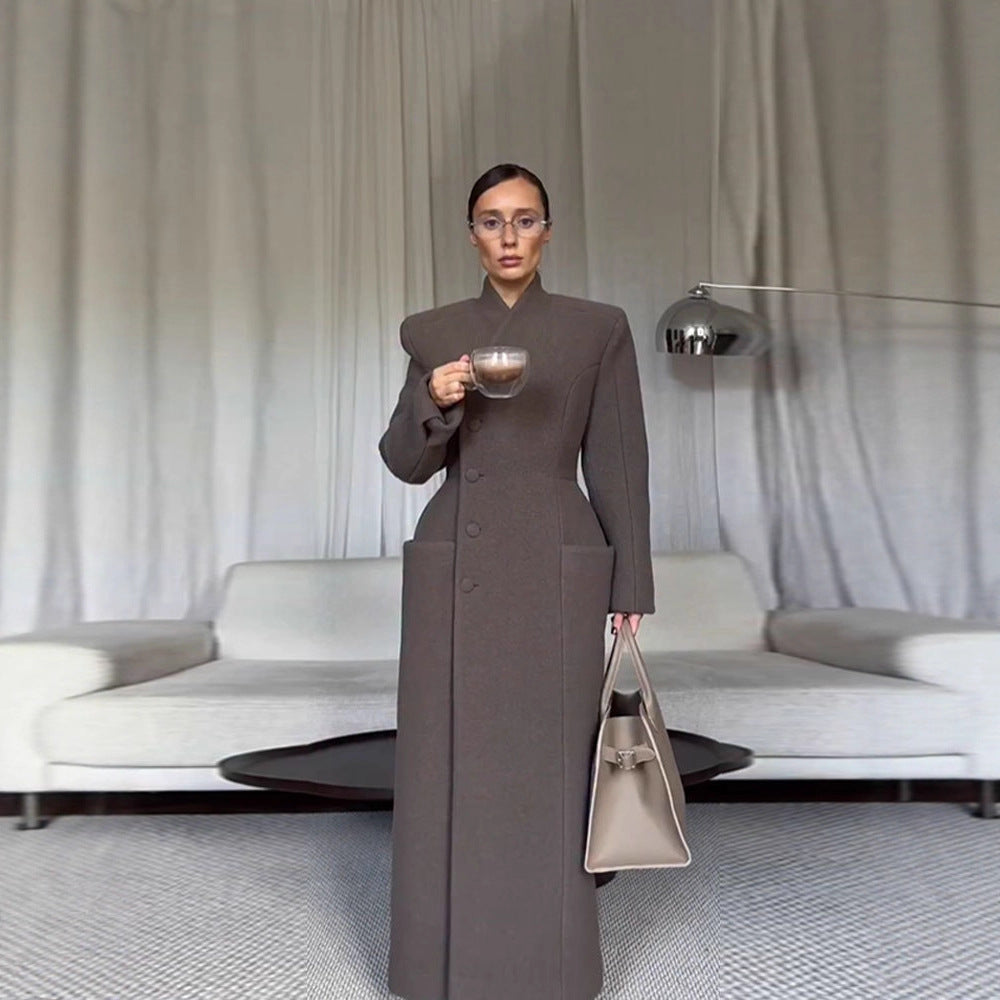Temperament Shoulder-padded Waist-cinching Long Wool Coat For Women Viral Finds Hub