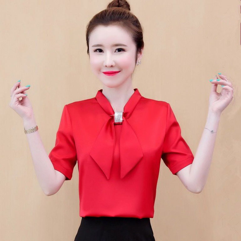 Satin V-Neck Business Temperament Shirt Long Sleeve Bow Solid Color Bow Diamond Top Viral Finds Hub