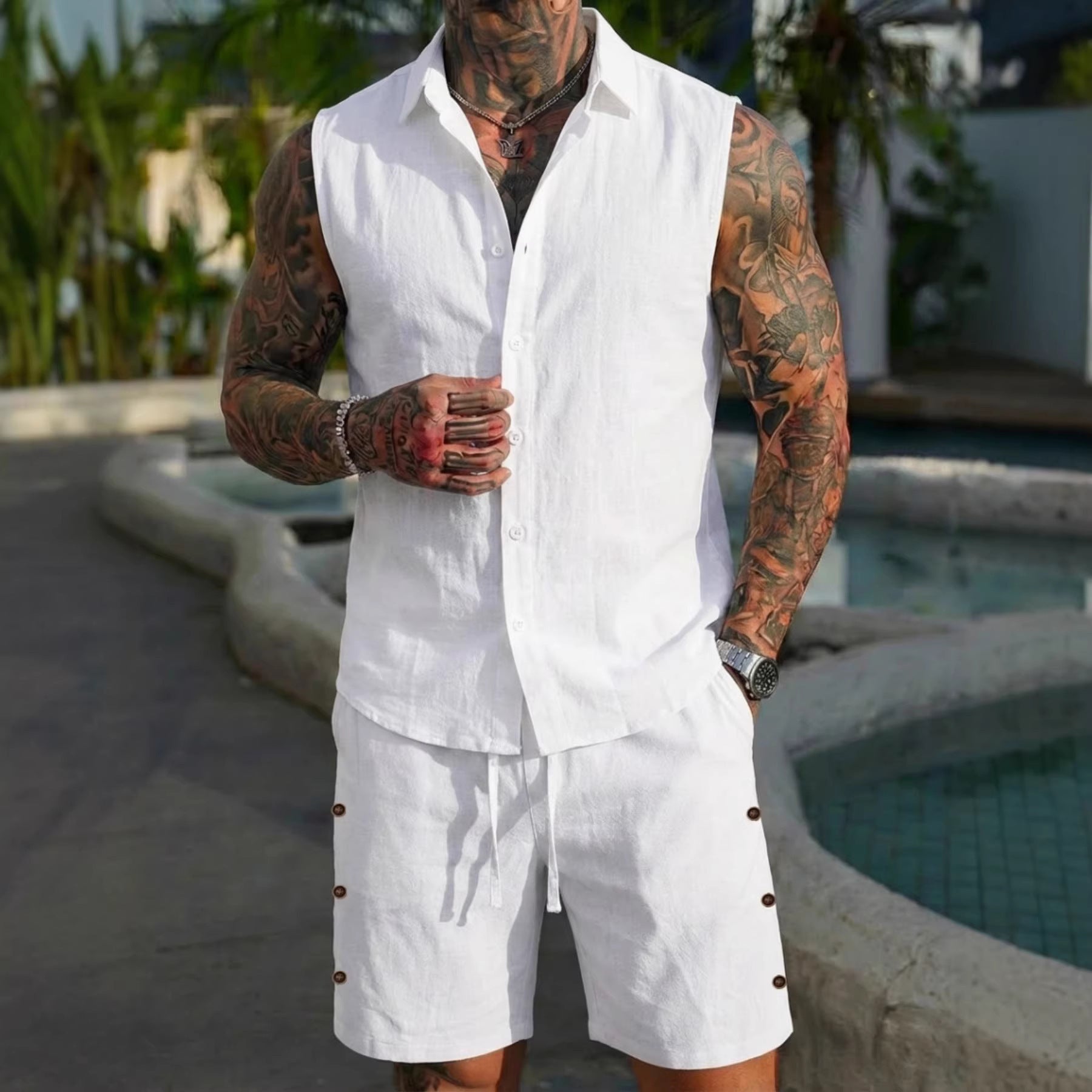 Men's Solid-Colored Linen Breathable Beach Set Viral Finds Hub