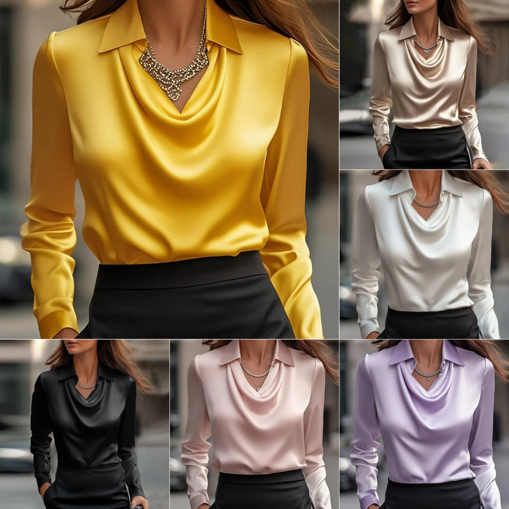 Women's Swing Collar Draped Shirts & Blouses Elegant Solid Satin Office Ladies Top Pullover Spring Long Sleeve Casual Tops Viral Finds Hub