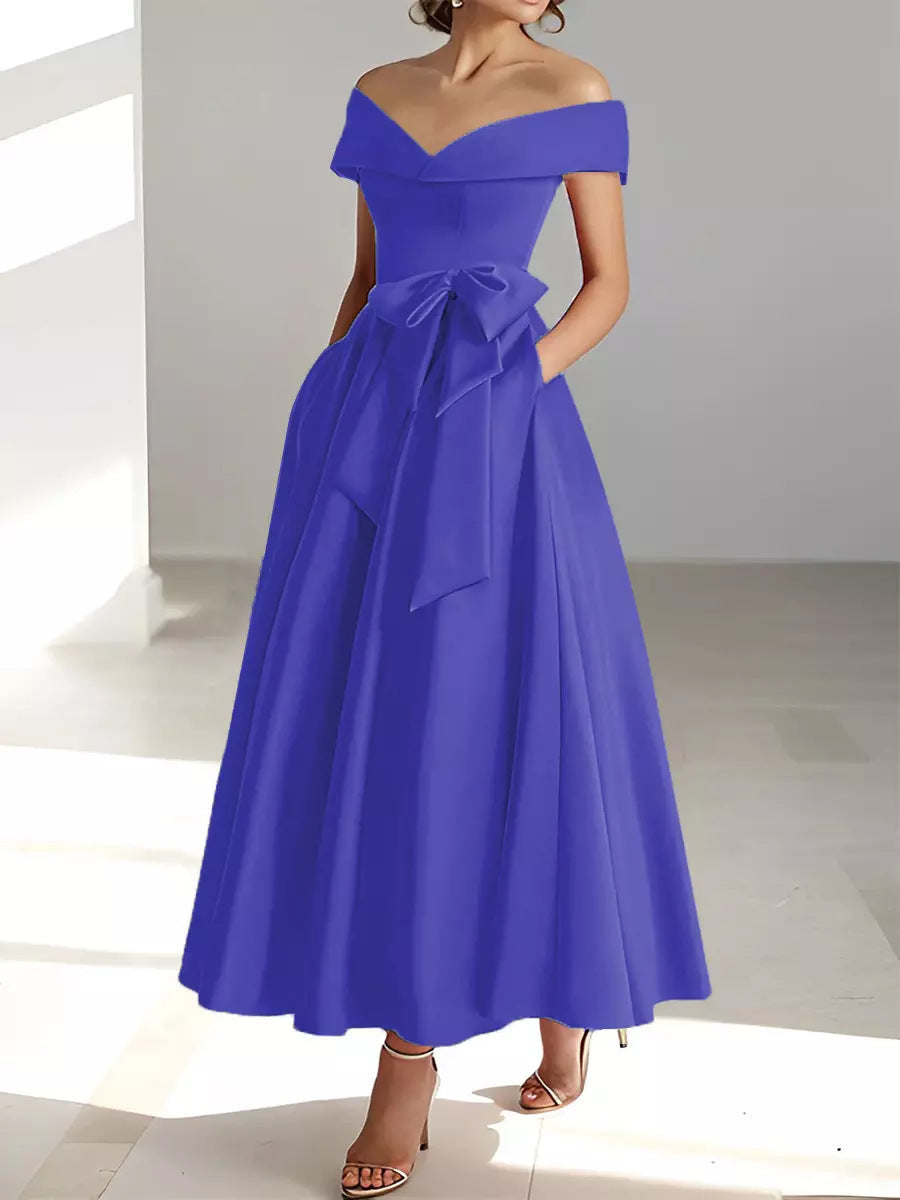 Satin Gown New Style Banquet Dress Off-shoulder Midi Length Viral Finds Hub