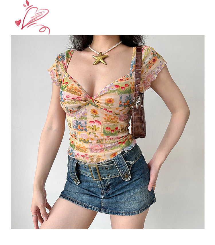 Oil Painting Flower Printed V-neck T-shirt Women's Mesh Short Sleeve Top Viral Finds Hub