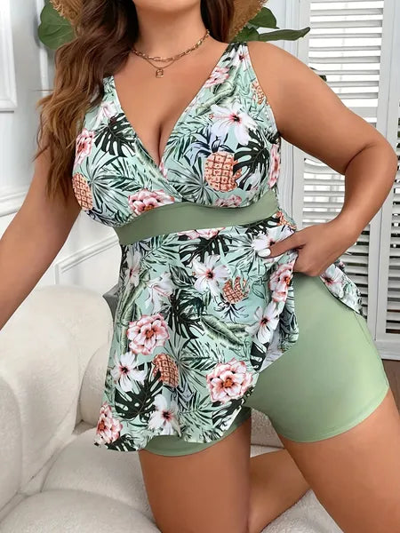 Large Size Women's Swimsuit, Green, Fresh And Fashionable Split Type Tankini Swimsuit Viral Finds Hub