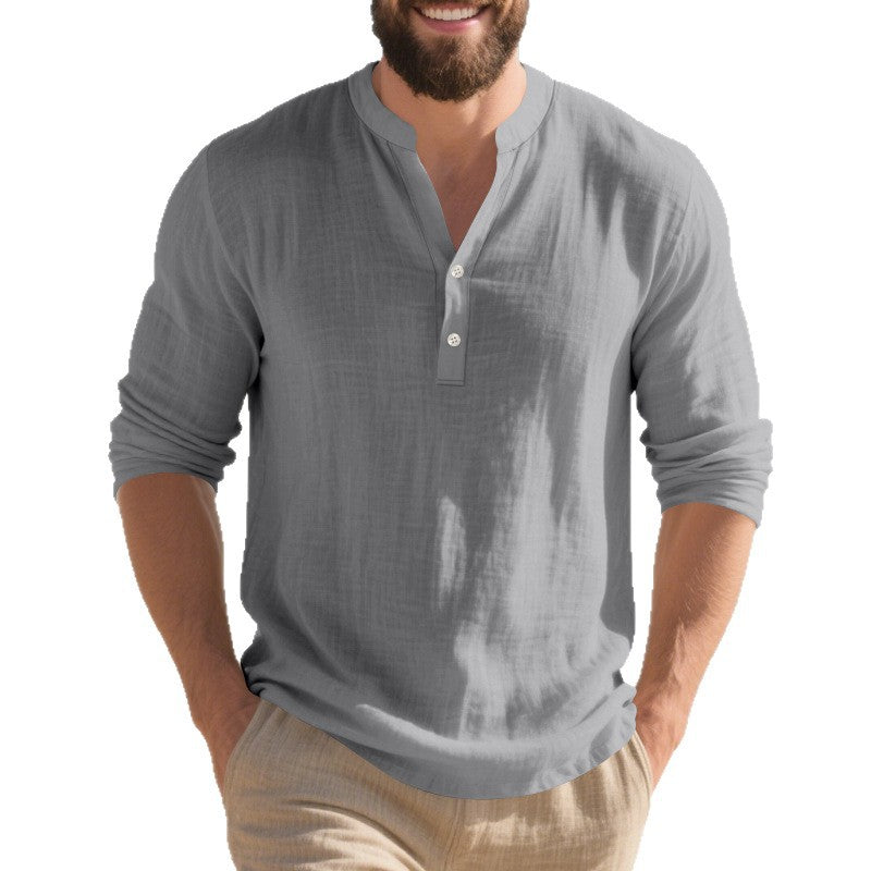Autumn Linen Men's Long-Sleeve T-Shirt With Stand Collar And Buttons Viral Finds Hub