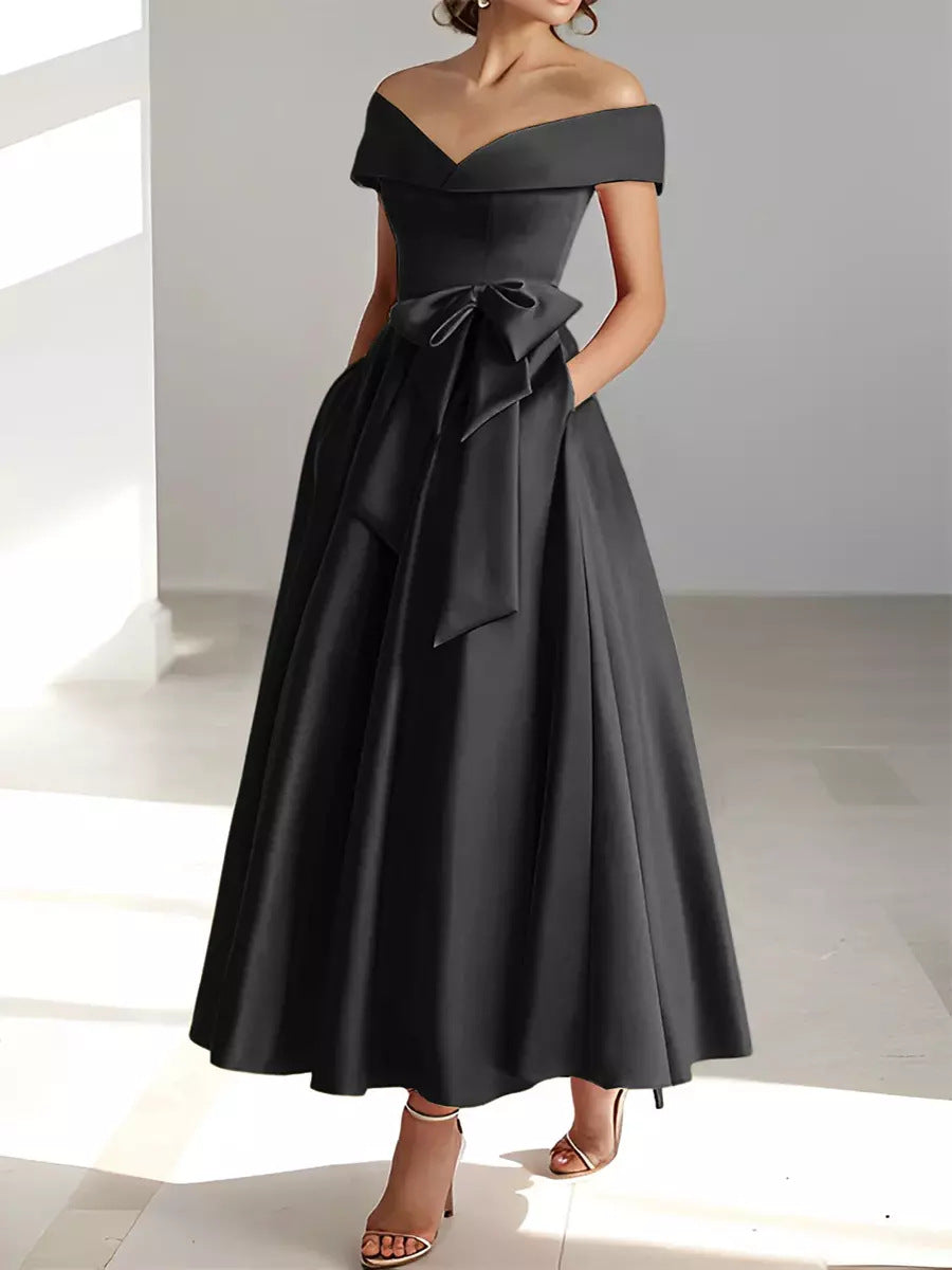 Satin Gown New Style Banquet Dress Off-shoulder Midi Length Viral Finds Hub