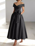 Satin Gown New Style Banquet Dress Off-shoulder Midi Length Viral Finds Hub