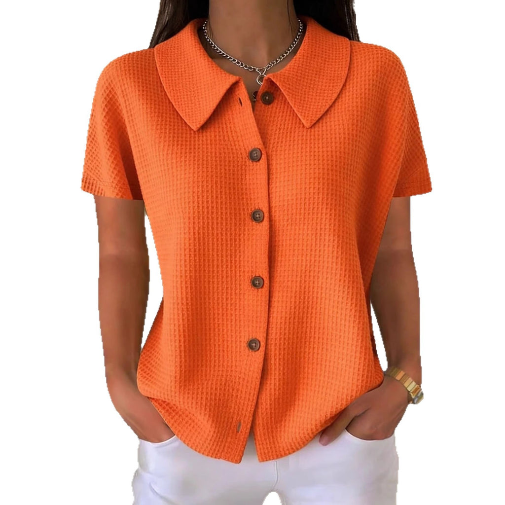 Turn-Down Collar Waffle Weave Solid Color Casual Loose Fit Short Sleeve Shirt - Women's Cotton Blend Lightweight Summer Top For Daily Wear Viral Finds Hub