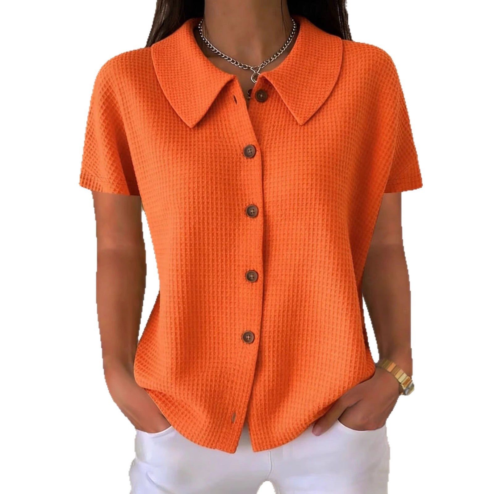 Turn-Down Collar Waffle Weave Solid Color Casual Loose Fit Short Sleeve Shirt - Women's Cotton Blend Lightweight Summer Top For Daily Wear Viral Finds Hub
