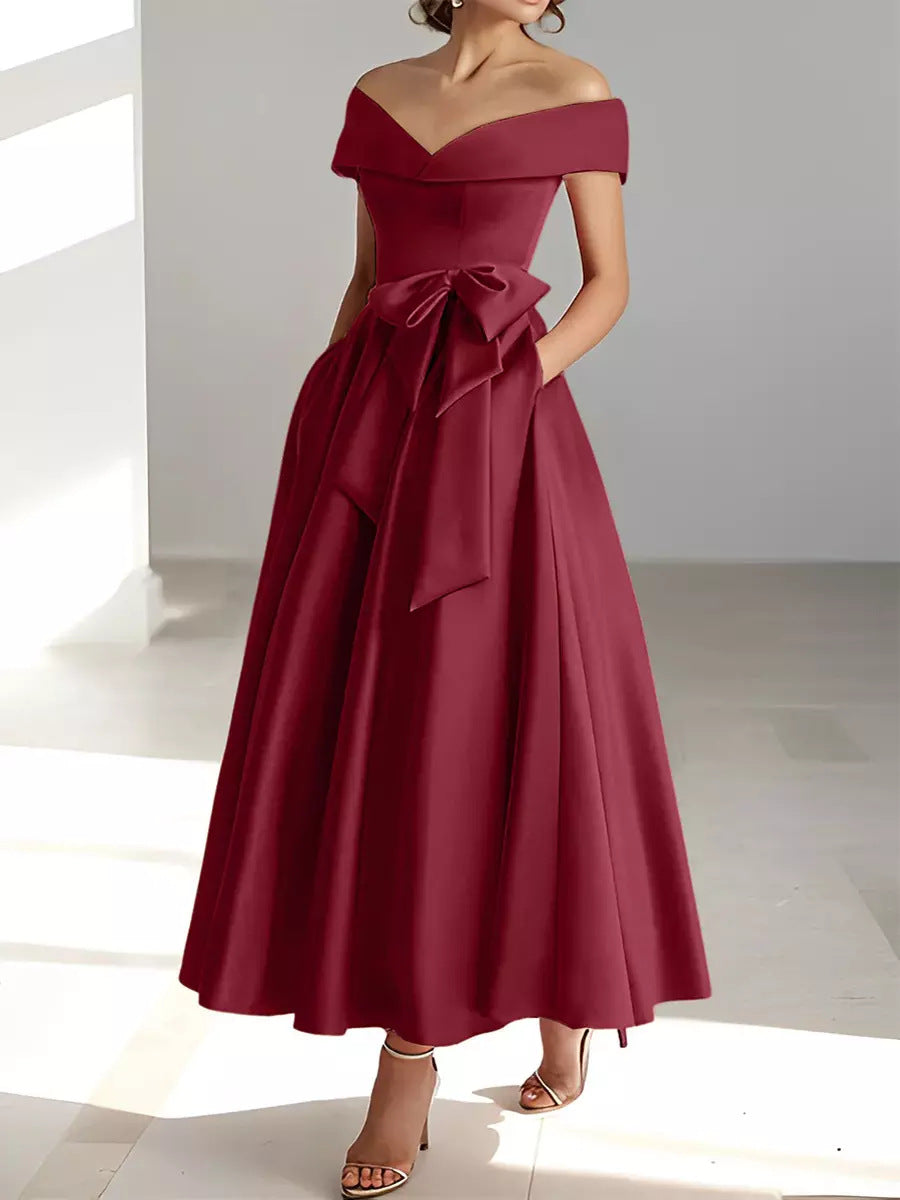 Satin Gown New Style Banquet Dress Off-shoulder Midi Length Viral Finds Hub