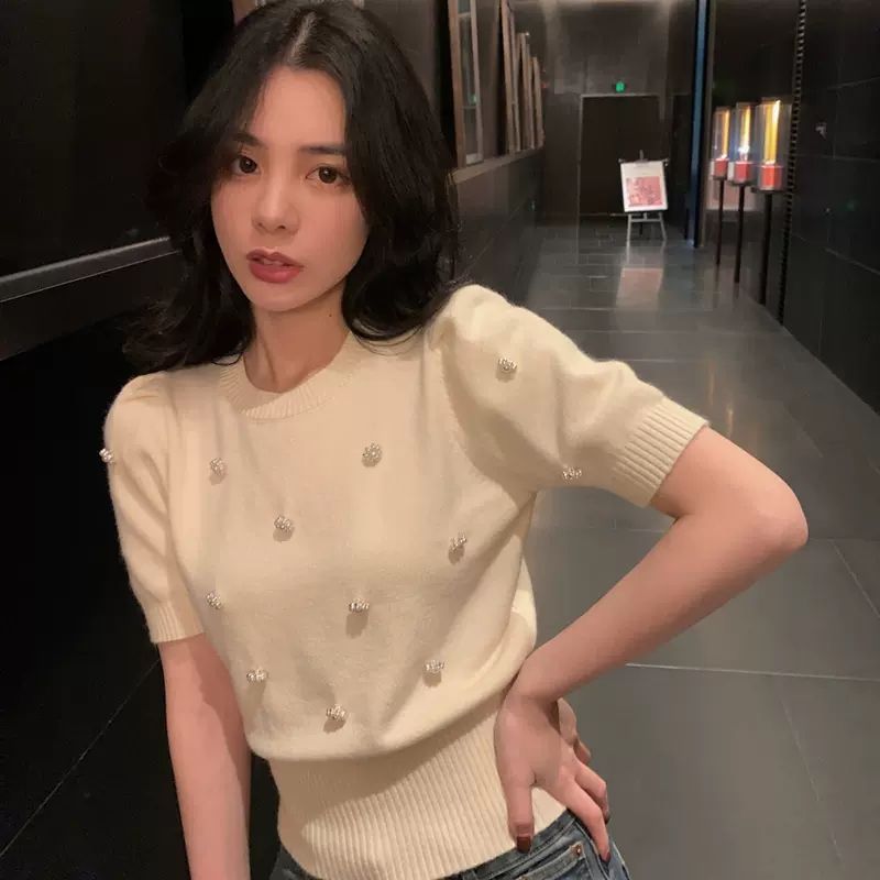 Straight-shoulder Short-sleeve Knit T-shirt Viral Finds Hub