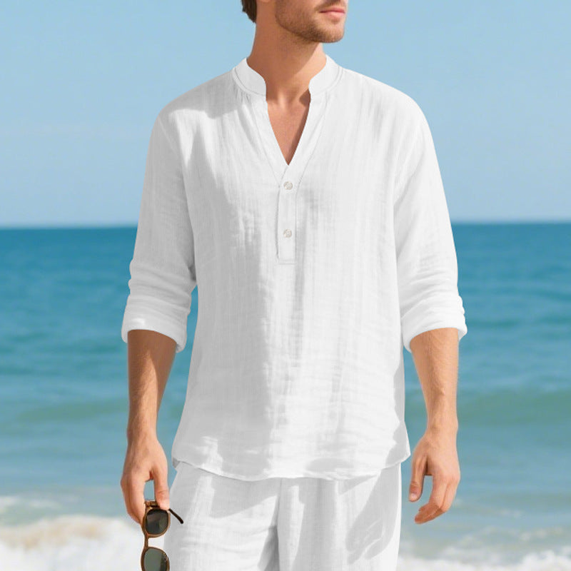 Autumn Linen Men's Long-Sleeve T-Shirt With Stand Collar And Buttons Viral Finds Hub