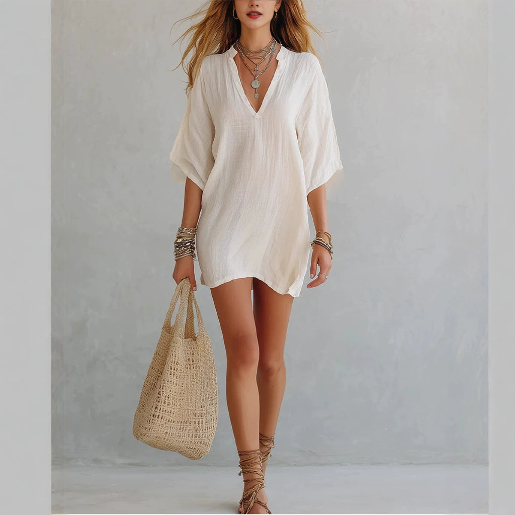 Women's Smock V-neck Loose-fit Three-quarter Sleeve T-shirt Viral Finds Hub