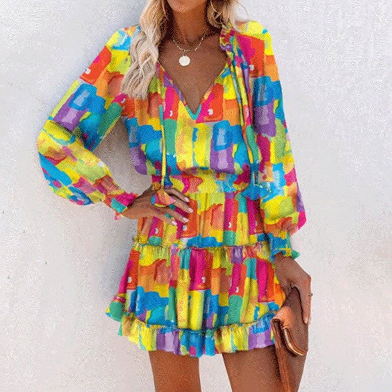 Flowers Print Long Sleeve Dress Fashion Patchwork Puff Sleeve Waist Dresses Womens Clothing Viral Finds Hub