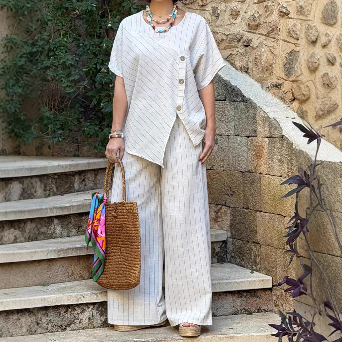 Striped Short-sleeve Shirt And Loose-fitting Pants Two-piece Set Viral Finds Hub