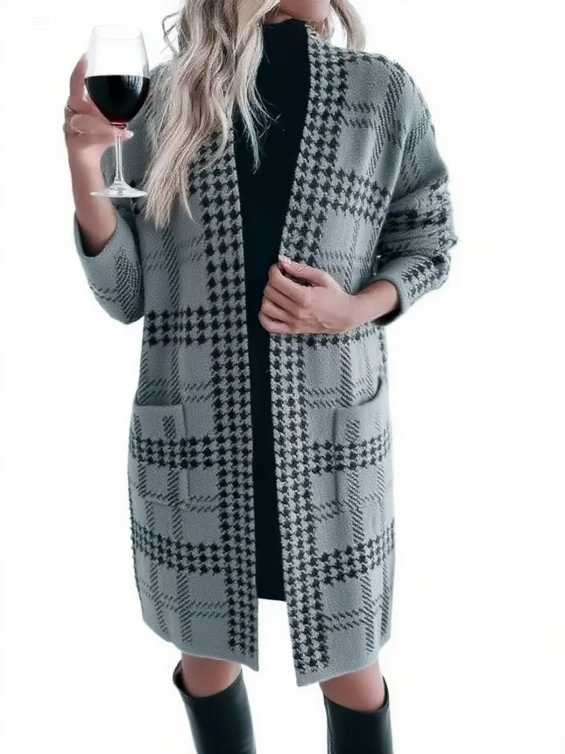 Women's Houndstooth Knitted Long Knitted Jacket Viral Finds Hub