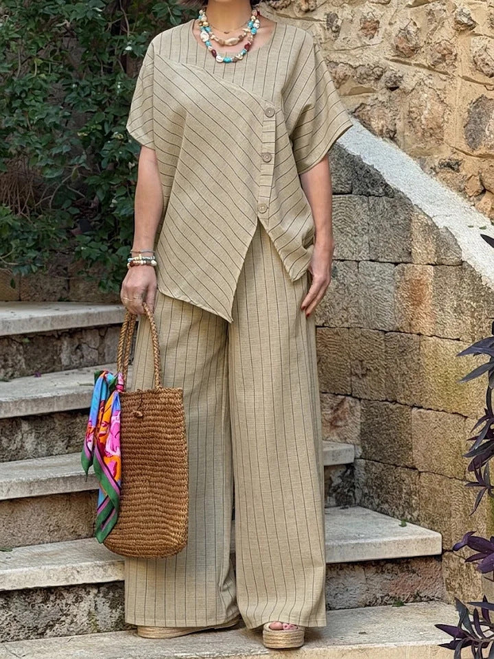 Striped Short-sleeve Shirt And Loose-fitting Pants Two-piece Set Viral Finds Hub