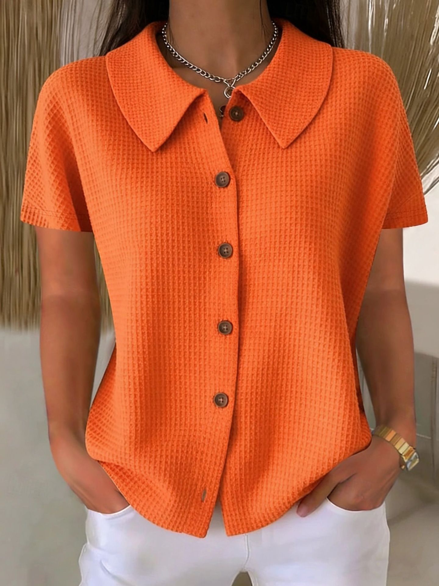 Turn-Down Collar Waffle Weave Solid Color Casual Loose Fit Short Sleeve Shirt - Women's Cotton Blend Lightweight Summer Top For Daily Wear Viral Finds Hub