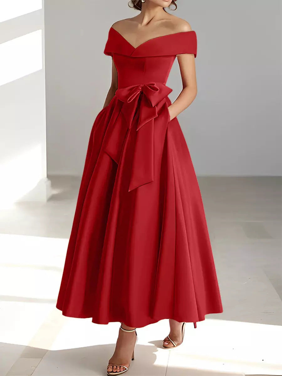 Satin Gown New Style Banquet Dress Off-shoulder Midi Length Viral Finds Hub