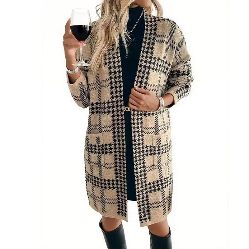 Women's Houndstooth Knitted Long Knitted Jacket Viral Finds Hub