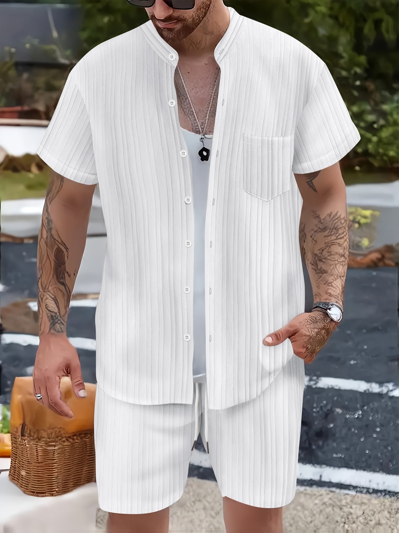 Fashionable Casual Stand Collar Pocket Short-Sleeve Shirt And Mens Shorts Two-Piece Set Viral Finds Hub