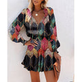 Flowers Print Long Sleeve Dress Fashion Patchwork Puff Sleeve Waist Dresses Womens Clothing Viral Finds Hub
