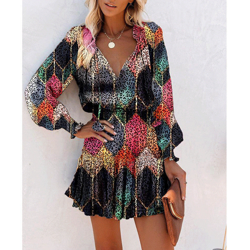 Flowers Print Long Sleeve Dress Fashion Patchwork Puff Sleeve Waist Dresses Womens Clothing Viral Finds Hub