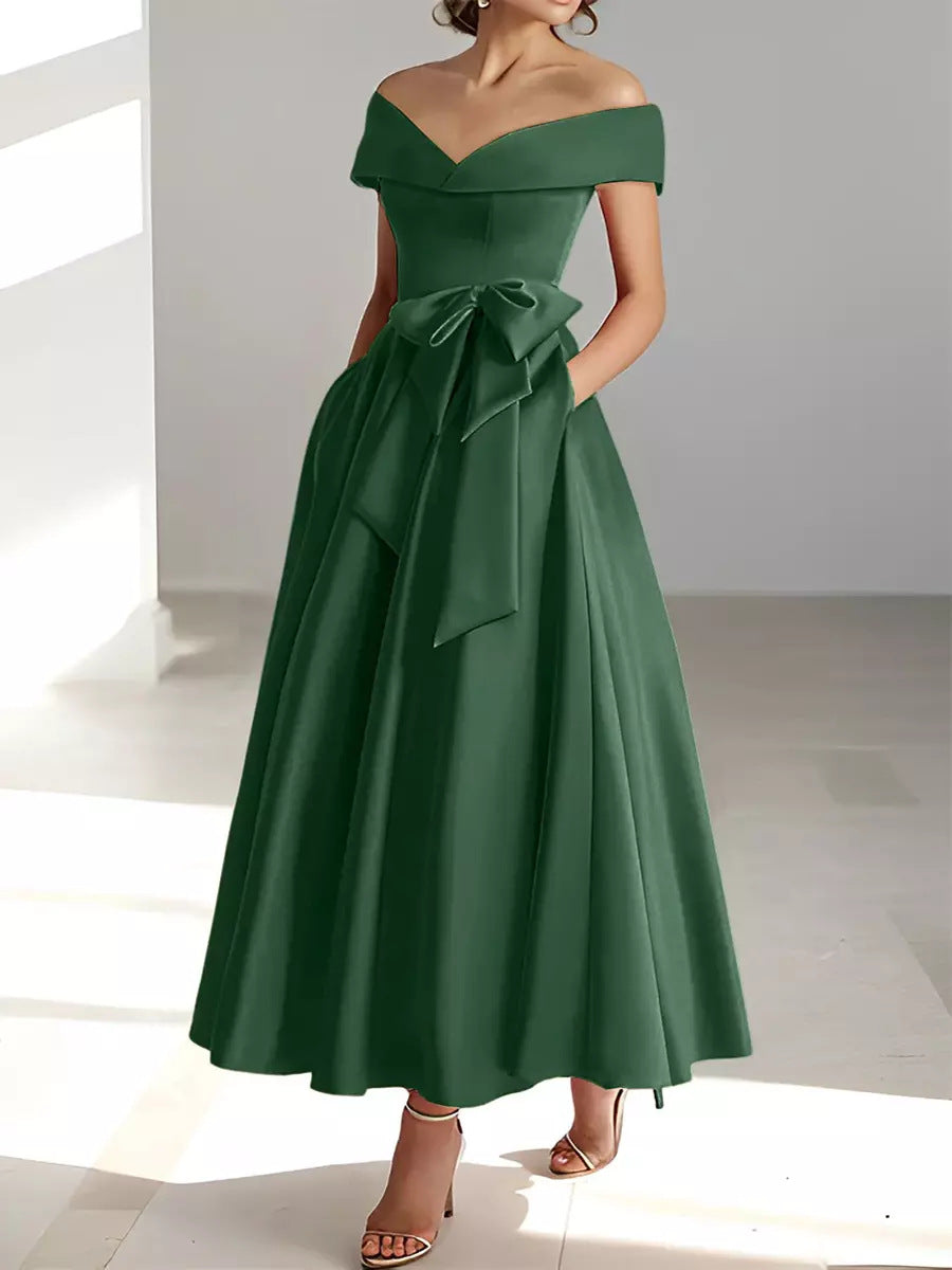 Satin Gown New Style Banquet Dress Off-shoulder Midi Length Viral Finds Hub