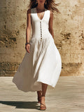 V-Neck Buttoned Chic Elegant Sleeveless Cotton-Linen Dress Viral Finds Hub