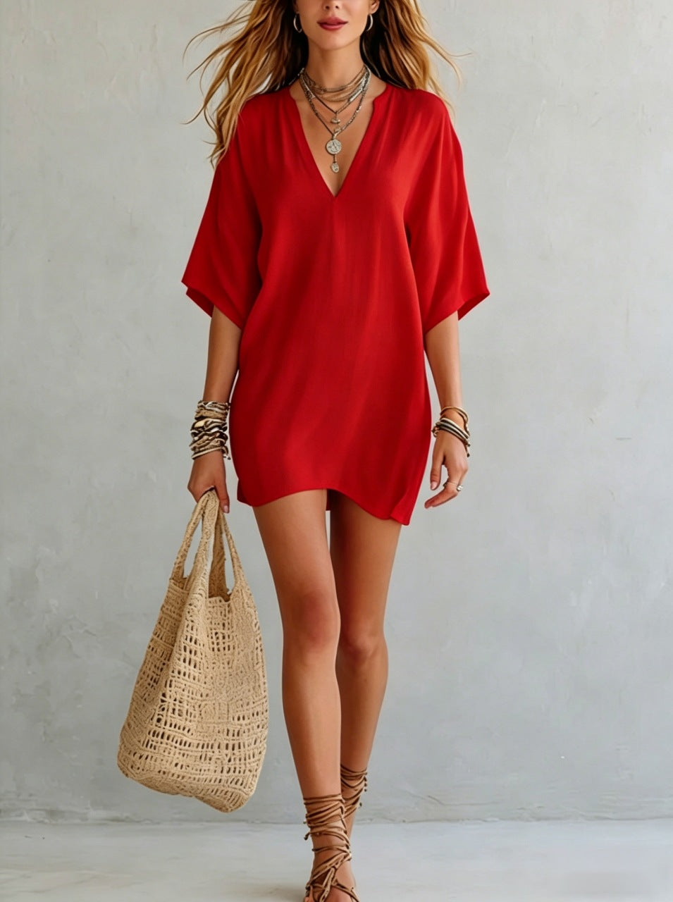 Women's Smock V-neck Loose-fit Three-quarter Sleeve T-shirt Viral Finds Hub