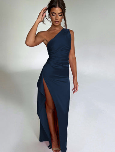 Sexy One-shoulder Backless Slit Dress Summer Elegant Slim-fit Solid Color Satin Dresses For Women Viral Finds Hub