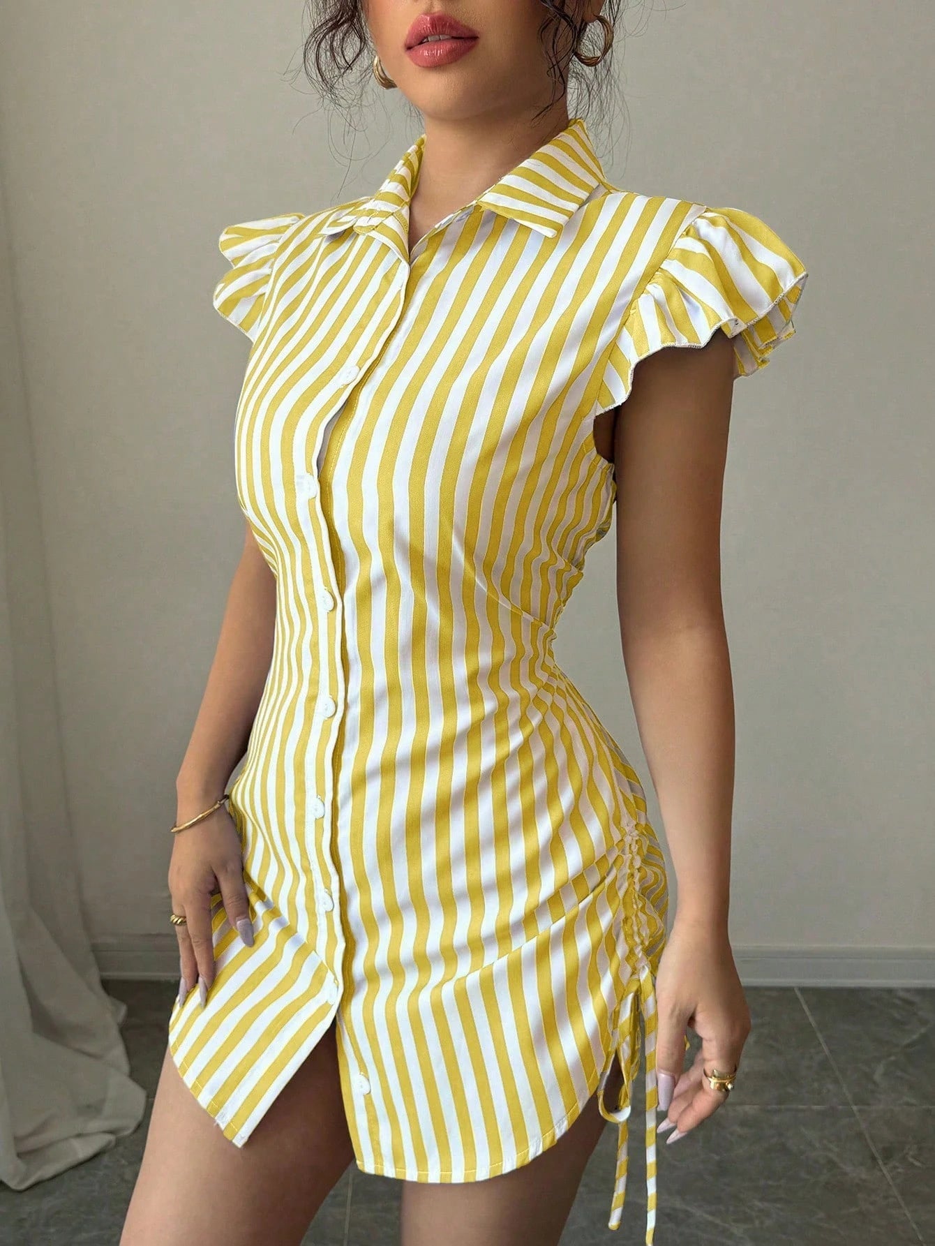 Striped Shirt-collar Casual Waist-cinched Chic Dress Viral Finds Hub