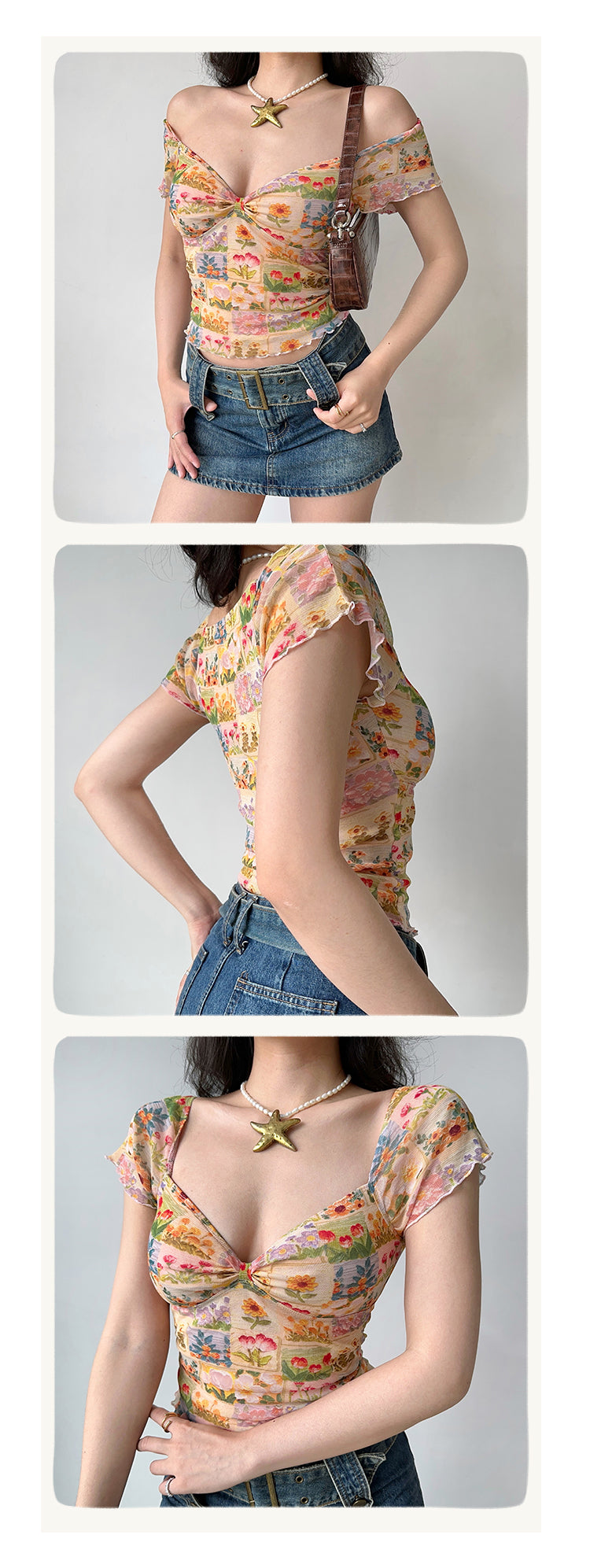 Oil Painting Flower Printed V-neck T-shirt Women's Mesh Short Sleeve Top Viral Finds Hub