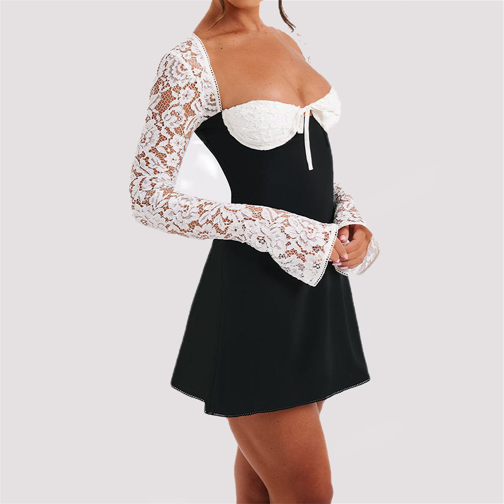 Y2K  Lace Long Sleeve Dress Fashion Sexy Corset Backless Lace Up Short Dresses Womens Clothing Viral Finds Hub