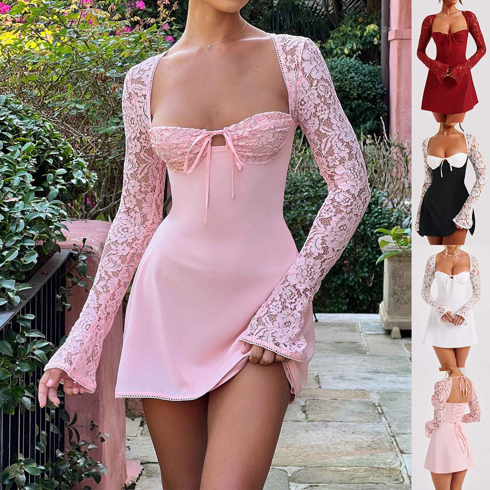 Y2K  Lace Long Sleeve Dress Fashion Sexy Corset Backless Lace Up Short Dresses Womens Clothing Viral Finds Hub