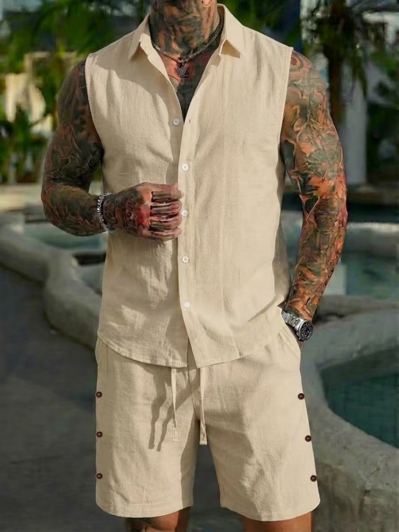 Men's Solid-Colored Linen Breathable Beach Set Viral Finds Hub