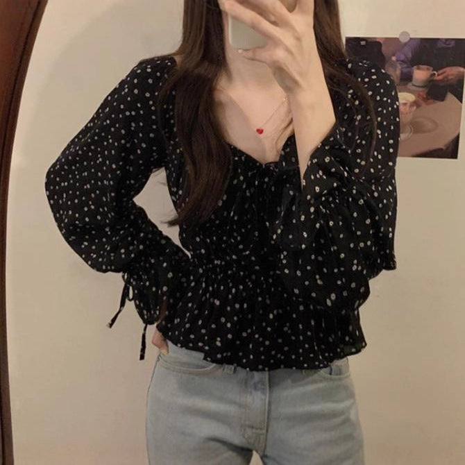 French-style Off-shoulder Square-neck Puffed-sleeve Black Floral Chiffon Blouse Viral Finds Hub