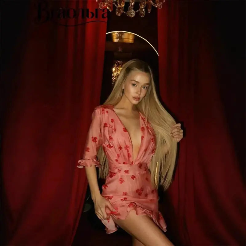 V-neck Ruffled Hemline Short Skirt Sexy Slim-fit Dress Viral Finds Hub